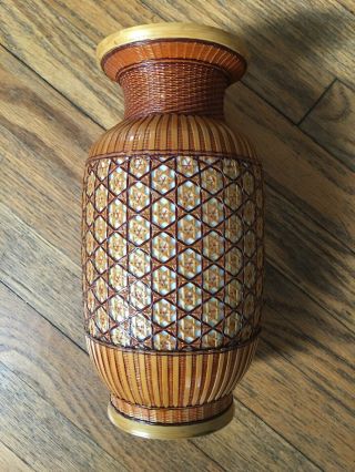 Mid Century Chinese Asian Art Rattan Wicker Basket Wrapped Porcelain Flower Vase