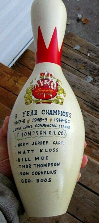 1947 - 1950 Thompson Oil Company 3 Year Named Champions Wood Bowling Pin Trophy