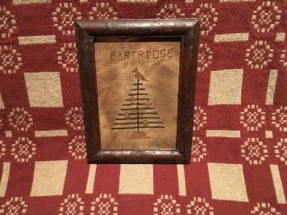 Early Look Primitive Cross Stitch “sampler” Partridge In A Pear Tree