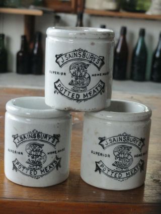 3 X Antique Advertising J.  Sainsbury Potted Meat Jars - Circa Early 1900 