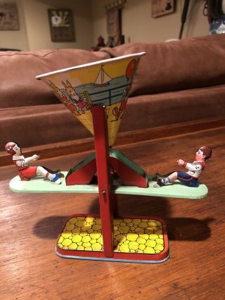 Rare 1920’s Chein Tin Litho Teeter Totter Sand Toy - With Children & Bunnies
