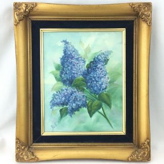 Vintage Floral Lilacs Oil Painting Gold Wood Frame Still Life Signed 12x14 "