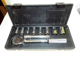 Rare Vintage Sk Tools 1/2” Dr.  10 Pc.  Socket Set W/ Push Button Teardrop Ratchet