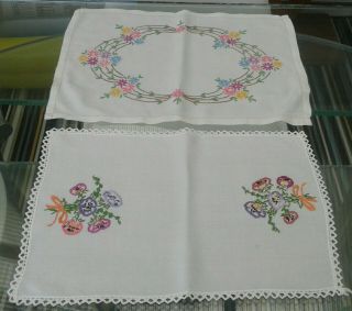 2 Vintage White Cotton & Hand Embroidered Tray Cloths/runners/small Tablecloths