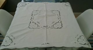 Vintage White Cotton Floral Tablecloth With Blue Embroidery - 33 " X 33 "