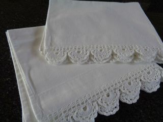 Pair Vintage Cotton Pillowcases,  Scalloped Hand Crochet Opening Surround