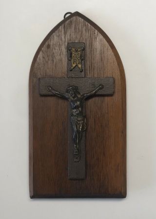 Antique Vintage Wood Metal Wall Inri Cross Crucifix Jesus Christ Plaque Easel
