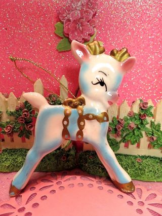 Vtg Rare Christmas Anthropomorphic Blue Porcelain Reindeer Hanging Ornament