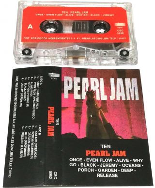 Pearl Jam " Ten " 1991,  Peru,  Spanish Titles,  Red Paper Label,  Rare Cassette (vg, )