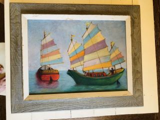 Antique Chinese Junk Boat Oil Painting Signed Mabel Freeman Framed 25x31