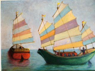Antique Chinese Junk Boat Oil Painting Signed Mabel Freeman Framed 25x31 2