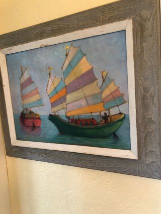 Antique Chinese Junk Boat Oil Painting Signed Mabel Freeman Framed 25x31 3