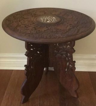Vintage Wood Hand Carved Teak Side Table / Plant Stand With Inlay 14.  5”x15 " Tall