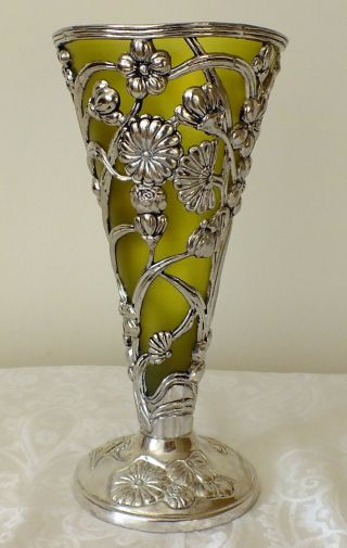 Vintage Conical Shaped Silver Plated Vase Flowers/filigree & Insert Art Nouveau