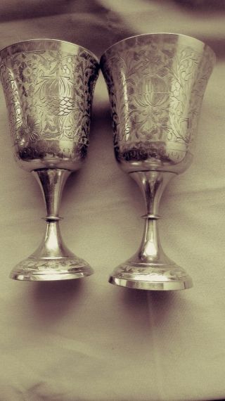 Vtg Chalice Goblet Silver Plate Brass Etched World Gift Z.  Y.  India Set Of 2