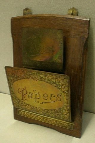 Antique Wood And Brass Wall Mounted Newspaper / Letter Rack (Cab) 2