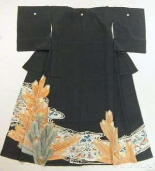 Antique Japanese Kimono,  Black Tomesode,  Silk,  Hand Embroidery N111101