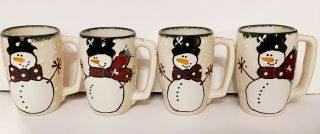 Expressly Yours Rare Hand Painted Snowman Trees Set 4 Large Ceramic Mugs Winter