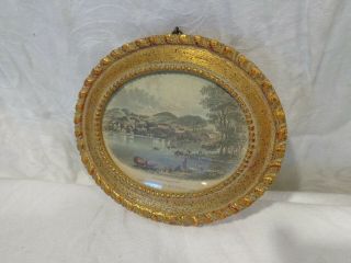 Small Antique Engraving W Banks & Son In Gold Frame Colonial? Men Water Boats