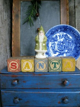 Antique Wood Toy Blocks Spell Santa W Antique Papier Mache Santa