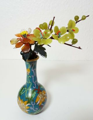 Antique Chinese Cloisonne Vase With Jade & Agate Flower Blossom Branch