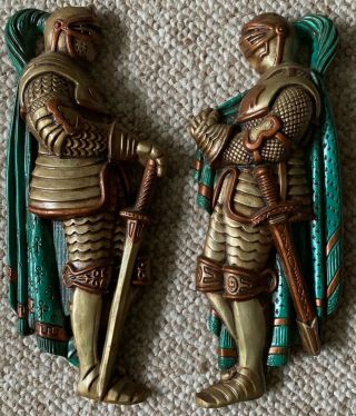 Pair Vintage Medieval Knight Chalkware Wall Hangings Plaques Mid Century Modern