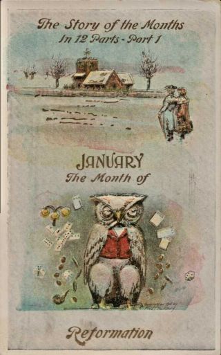 Antique Postcard A/s Loundsbury January The Month Of Reformation Owl 1906 Rare