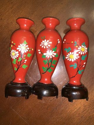 Doll House Chinese Carved Lacquered Wood Hand Painted Miniature 3 Vase Set Vtg