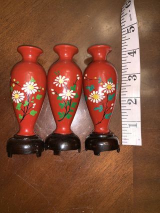 Doll House Chinese Carved Lacquered Wood Hand Painted Miniature 3 Vase Set VTG 2