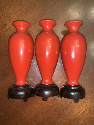 Doll House Chinese Carved Lacquered Wood Hand Painted Miniature 3 Vase Set VTG 3