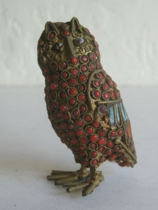 Fine Old Tibetan Chinese Coral Turquoise Brass Owl Bird Figurine Statue Figure