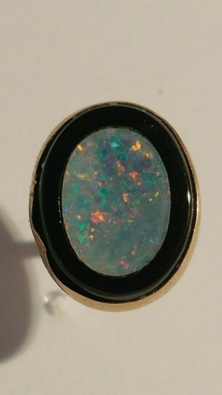 Vintage Solid 14k Gold Natural Opal & Onyx Tie Pin