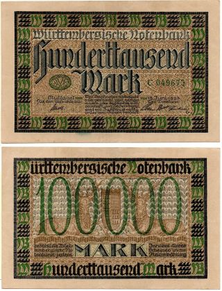 German State Wurttemberg 100,  000 Mark (15.  6.  1923) Pick S985,  Extra Fine Rare