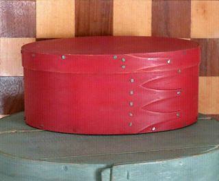 Primitive Oval Shaped Barn Red Shaker 4 Finger Bent Wood Wooden Pantry Box