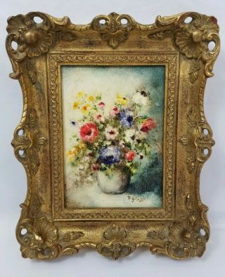Vintage Floral Still Life Oil Painting On Wood Artist P Grassi Ornate Frame