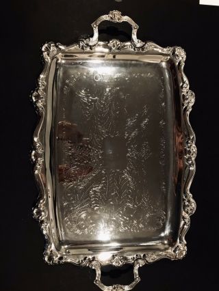 Vintage Large 22 3/4” Etched Silverplate Serving Tray W Ornate Handles