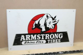 Rare Armstrong Rhino - Flex Tire Dealer Painted Tin Metal Sign Fishing Bird Gas