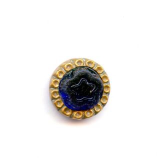 Waistcoat Button - - Cobalt Blue Glass Set In Metal - - Incised Star Or Flr - - 9/16 "