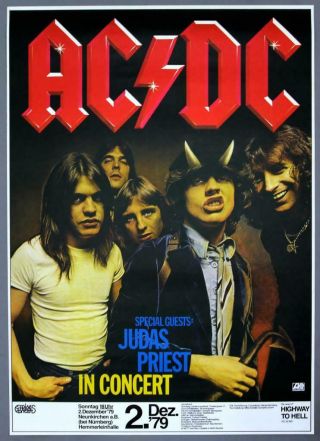 Ac/dc,  Judas Priest Rare Vintage 1979 Highway To Hell Concert Poster