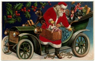 Silk Santa Claus In Car Toy Basket Monkey Doll Antique Christmas Postcard - M633
