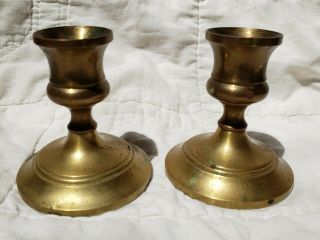 Early Antique Pair Set Of Solid Brass Round 3 " Tall Candlestick / Candle Holders