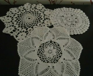 Three Vintage White Hand Worked Cotton Crochet Lace Table Mats/doilies