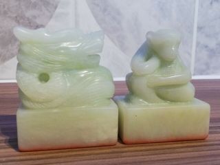 Vintage Chinese Light Green Jade Stamps,  Monkey & Dragon Carvings