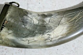 Rare Antique Patriotic Eagle W/ Shield Engraved Powder Horn With Brass Fittings