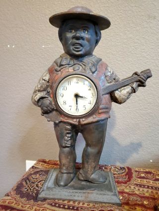 Antique Cast Iron Banjo Player Black Man Americana Statue Figure Clock