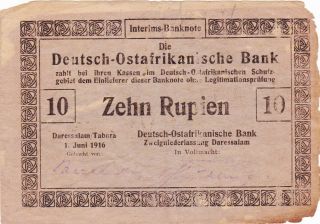 10 Rupien Vg Banknote From German East Africa 1916 Daressalam/tabora Rare