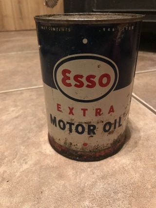 Vintage Antique Full 1 Quart Esso Extra Motor Oil Metal Can Gas Oil