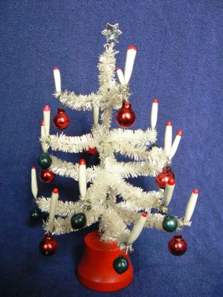 Vintage Rare White Bottle Brush Chistmas Tree Spun W/candles Red White & Blue