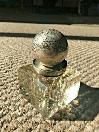 Antique Victorian Sterling Silver And Cut Glass Inkwell - Unusual Ball Form