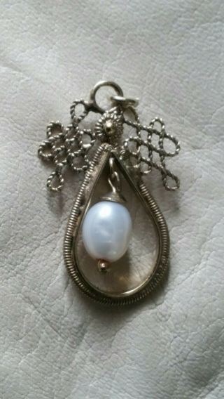 Antique Art Nouveau Silver Drop Pearl Filigree Pendant